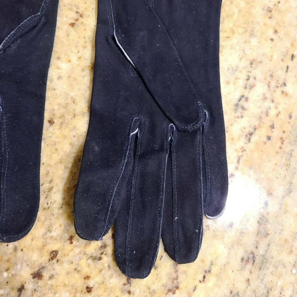 H.A.&E. Smith Ltd. Leather Gloves Suede Black Tailored Flowers Vintage France